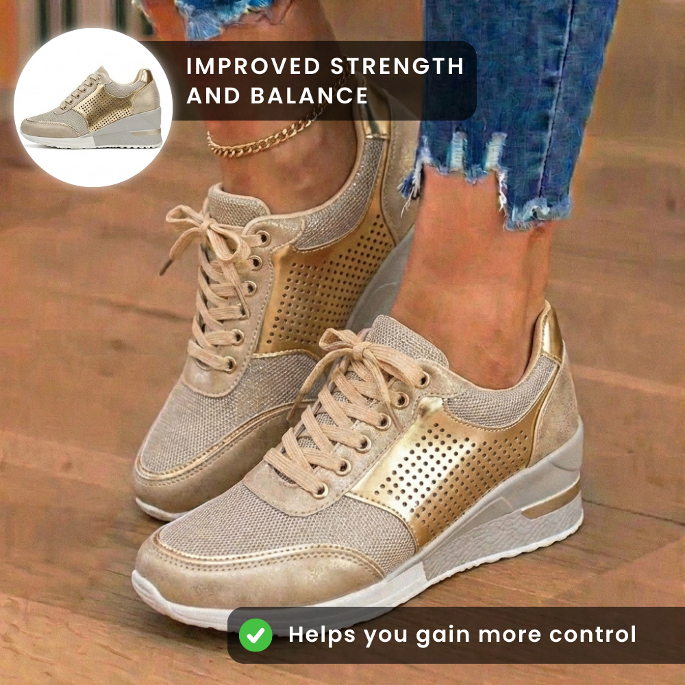 Orthopedic Leather Wedge Sneakers - Glitter Embellished & Perforated Panels