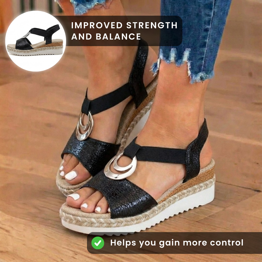 Orthopedic Textured Espadrille Platform Sandals - Triple Ring Hardware Detail