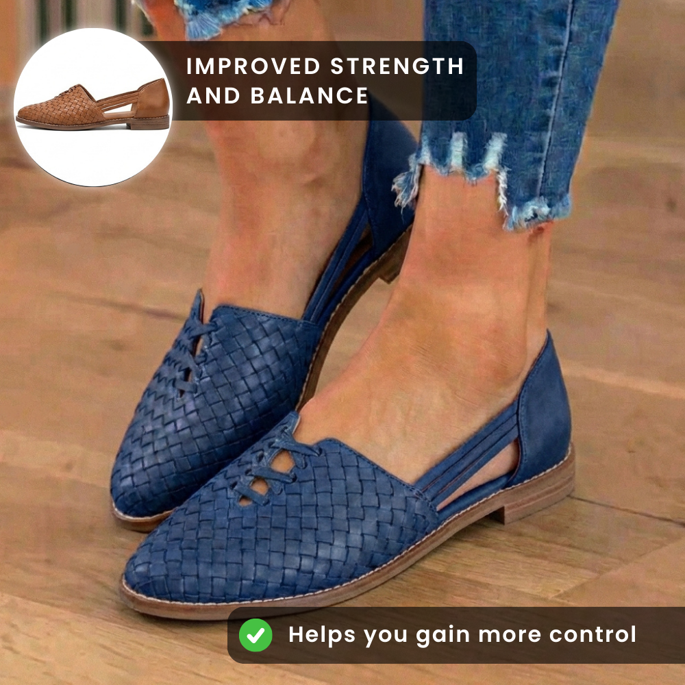 Orthopedic Leather Woven Slip-On Flats - Basketweave Cutout Detail