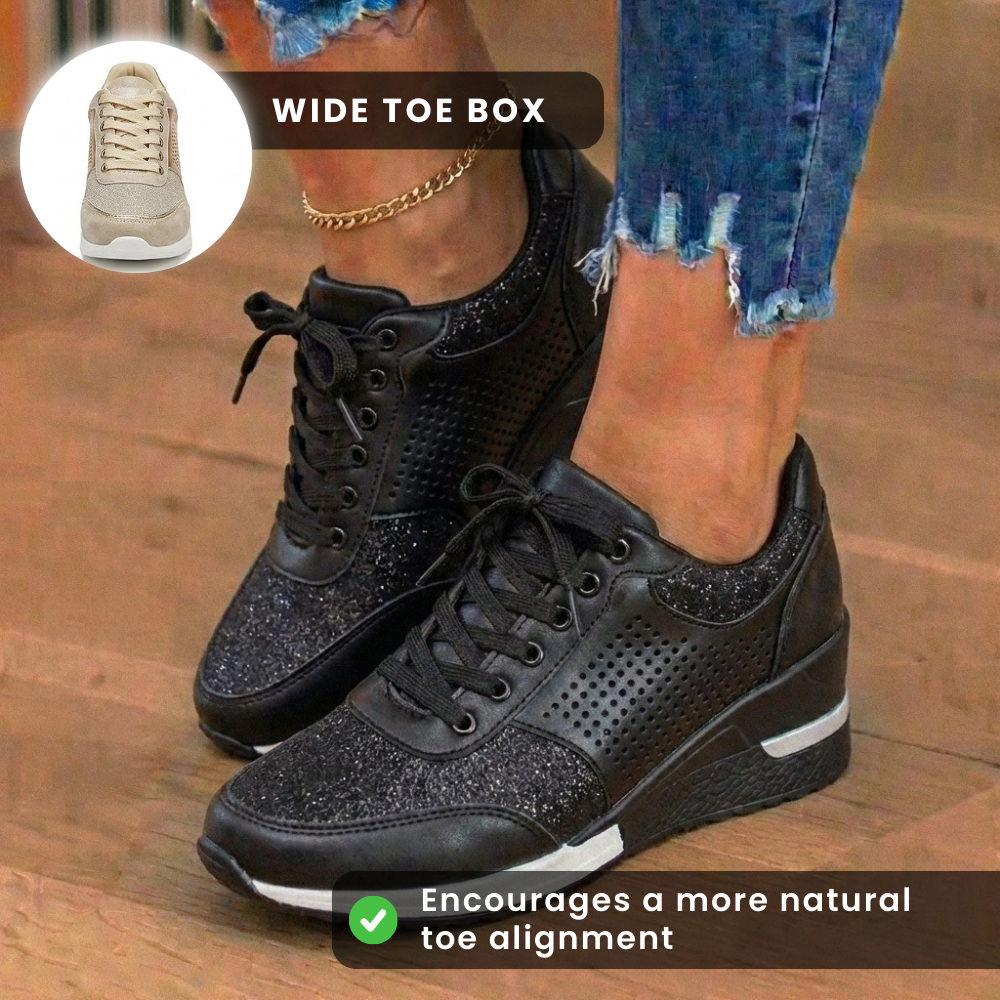 Orthopedic Leather Wedge Sneakers - Glitter Embellished & Perforated Panels
