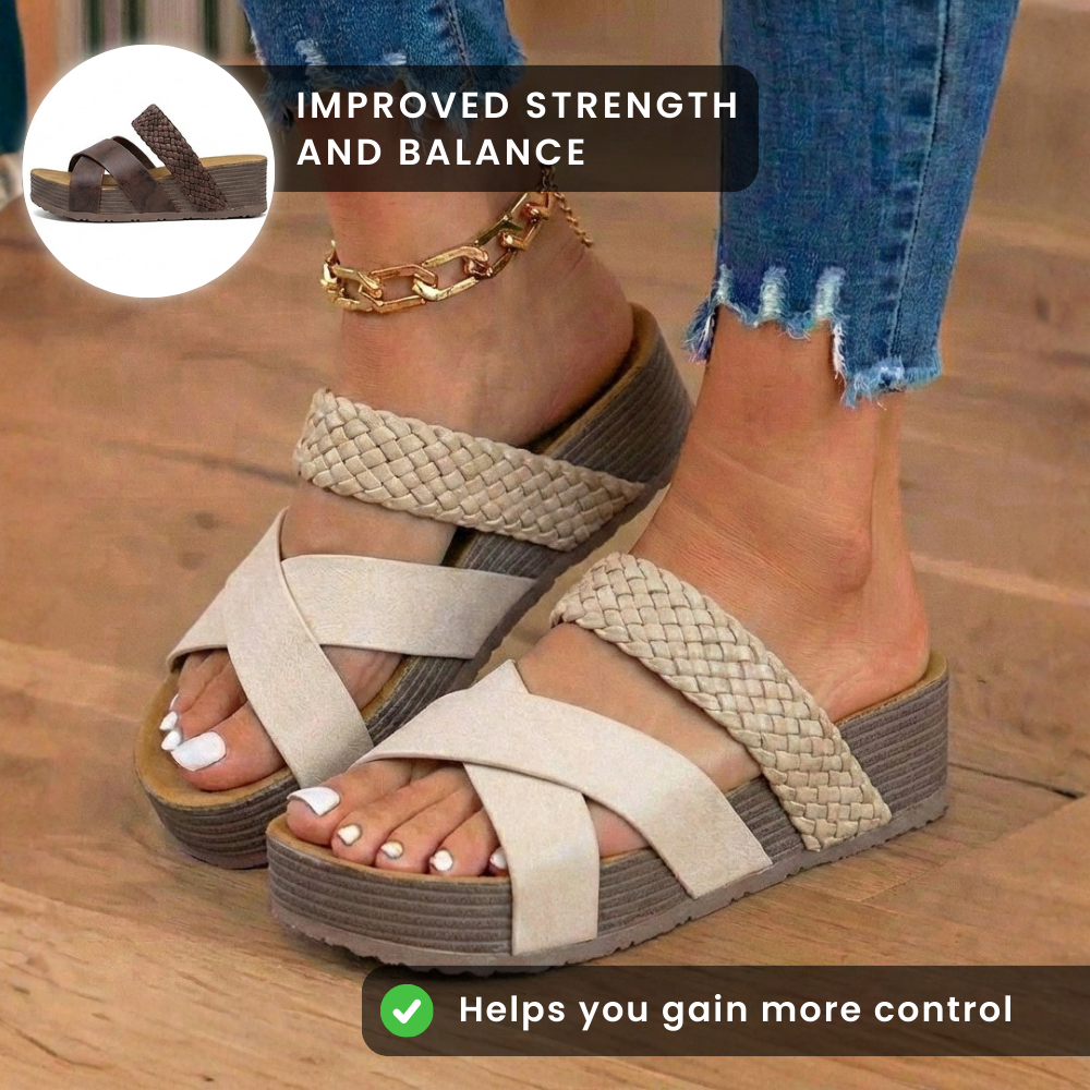 Orthopedic Leather Woven Platform Wedges - Crossover Strap Design
