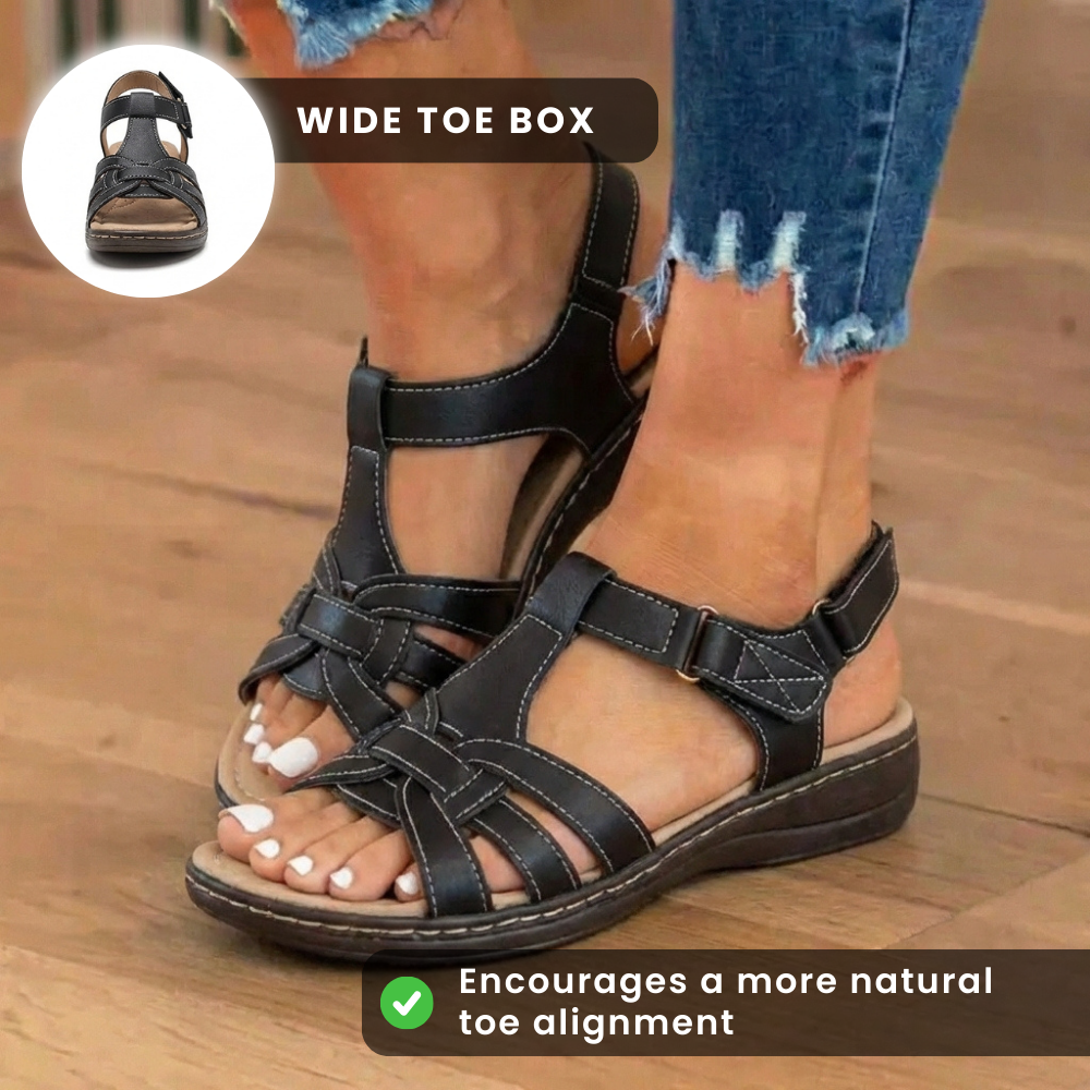 Orthopedic Leather Braided T-Strap Sandals - Ankle Buckle & Cork Sole