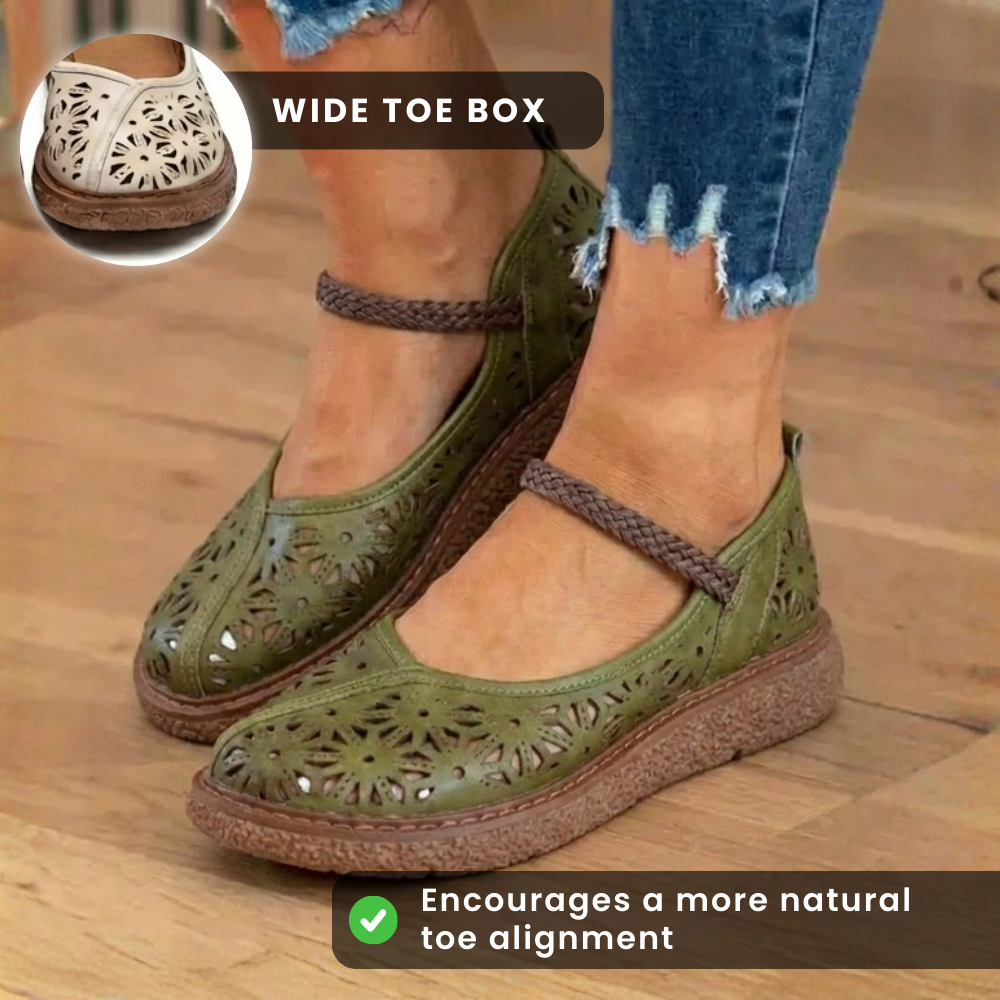 Orthopedic Leather Laser-Cut Flats - Braided Ankle Strap