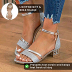 Orthopedic Glitter Ankle Strap Sandals - Metallic Accent & Studded Low Heel