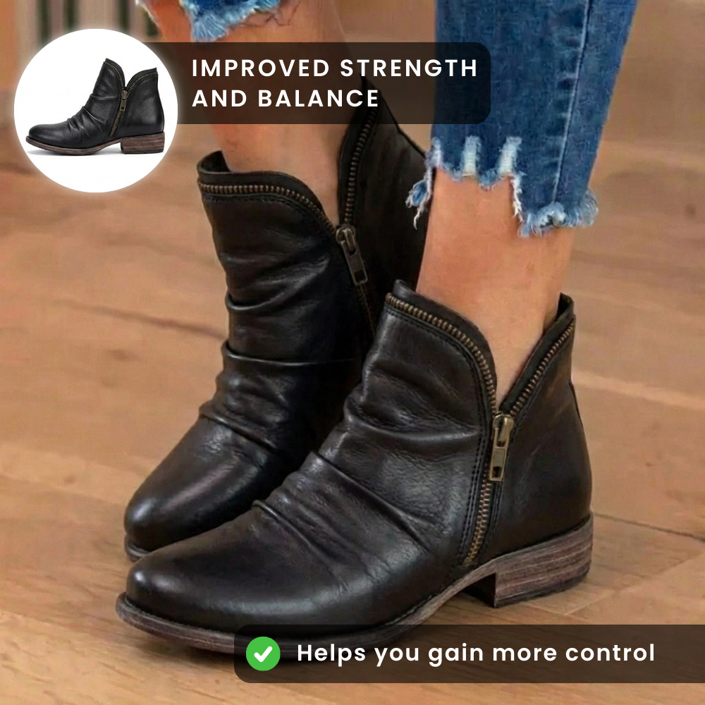 Orthopedic Leather Ruched Ankle Boots - Side Zip Low Heel