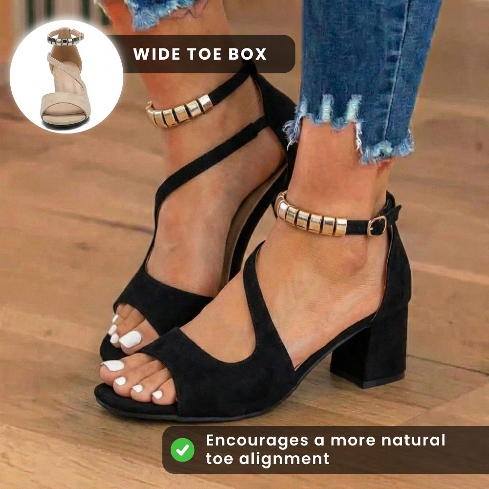 Orthopedic Suede Block Heel Sandals - Metallic Beaded Ankle Strap