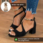 Orthopedic Suede Block Heel Sandals - Metallic Beaded Ankle Strap