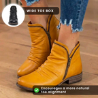 Orthopedic Leather Ruched Ankle Boots - Side Zip Low Heel