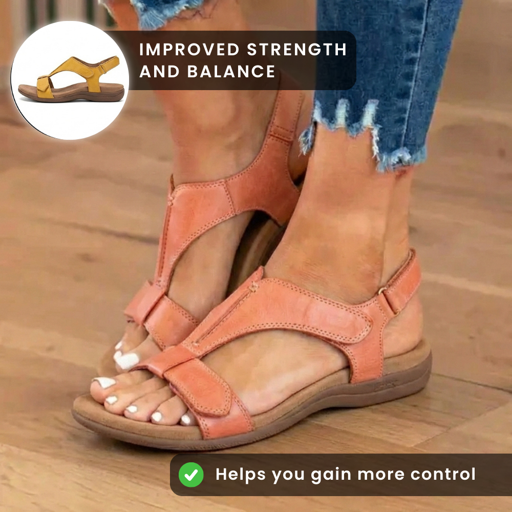 Orthopedic Leather Ankle-Strap Sandals - Contoured T-Bar Cork Footbed