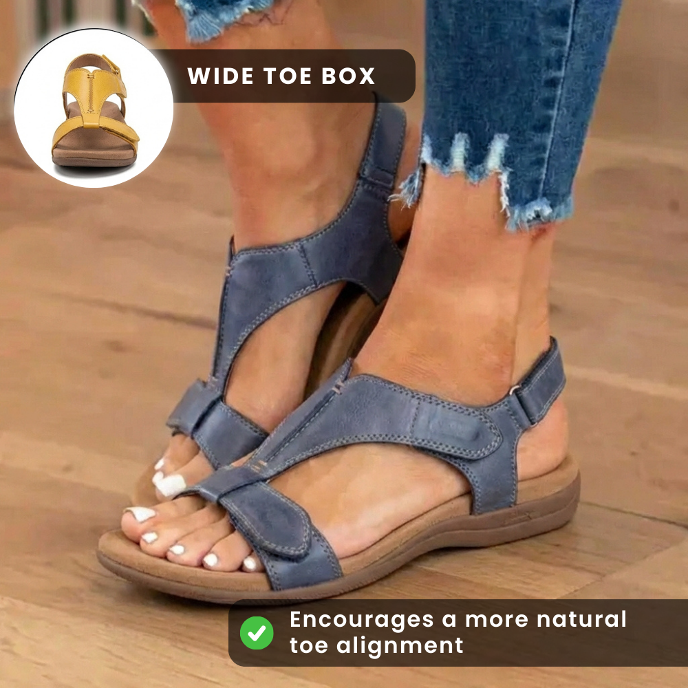 Orthopedic Leather Ankle-Strap Sandals - Contoured T-Bar Cork Footbed