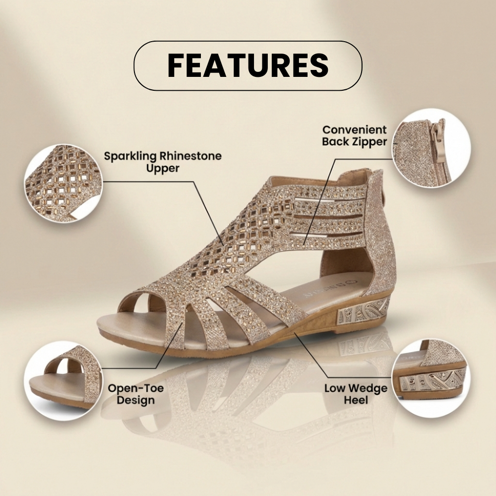 Orthopedic Glitter Gladiator Wedge Sandals - Multi-Strap Geometric Cutout