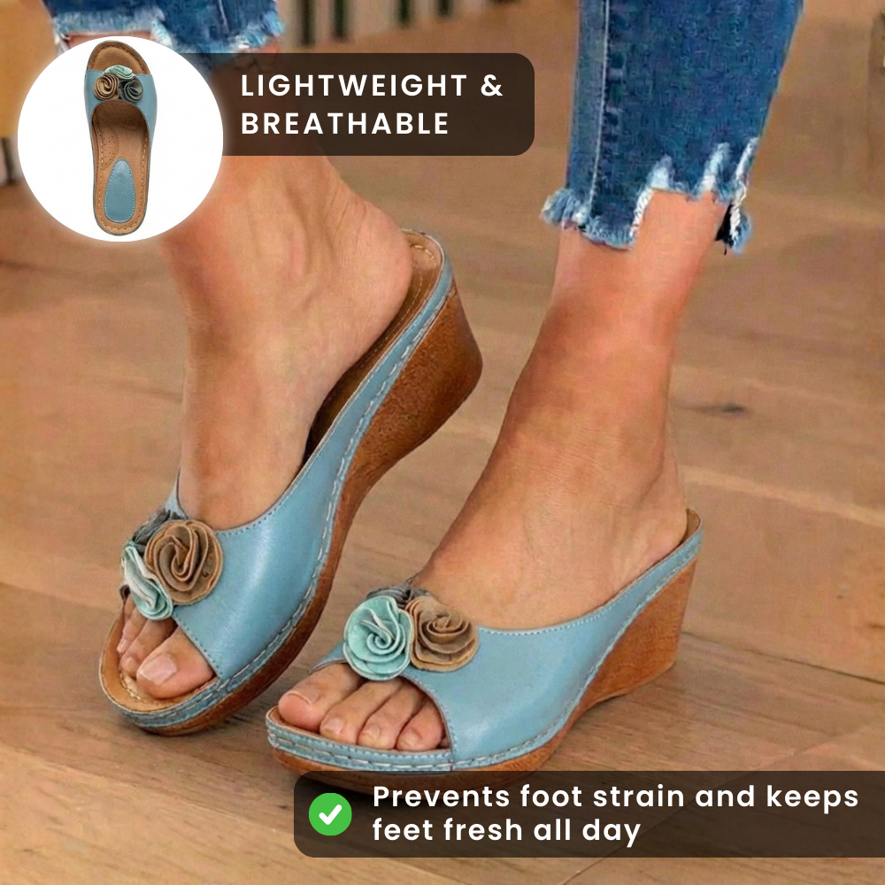 Orthopedic Leather Wedge Sandals - Dual Rosette Floral Detail