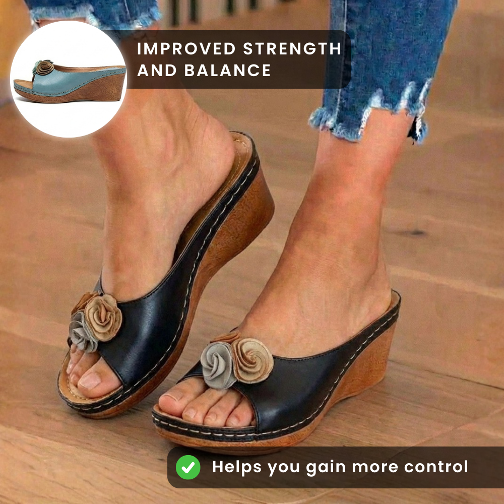 Orthopedic Leather Wedge Sandals - Dual Rosette Floral Detail