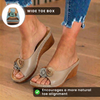 Orthopedic Leather Wedge Sandals - Dual Rosette Floral Detail