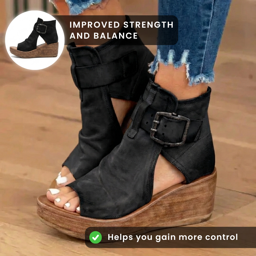 Orthopedic Leather Platform Sandals - Double Buckle Ankle Strap