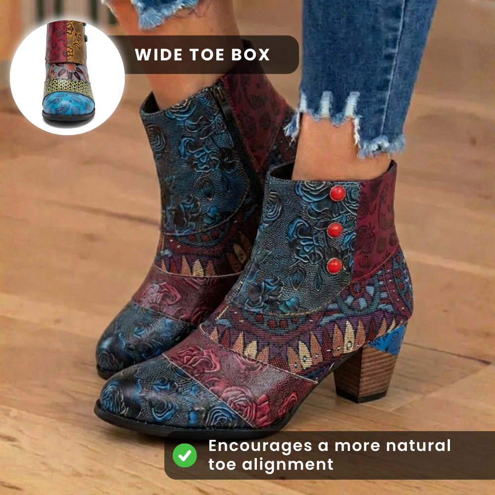 Orthopedic Bohemian Patchwork Ankle Boots - Embossed Leather