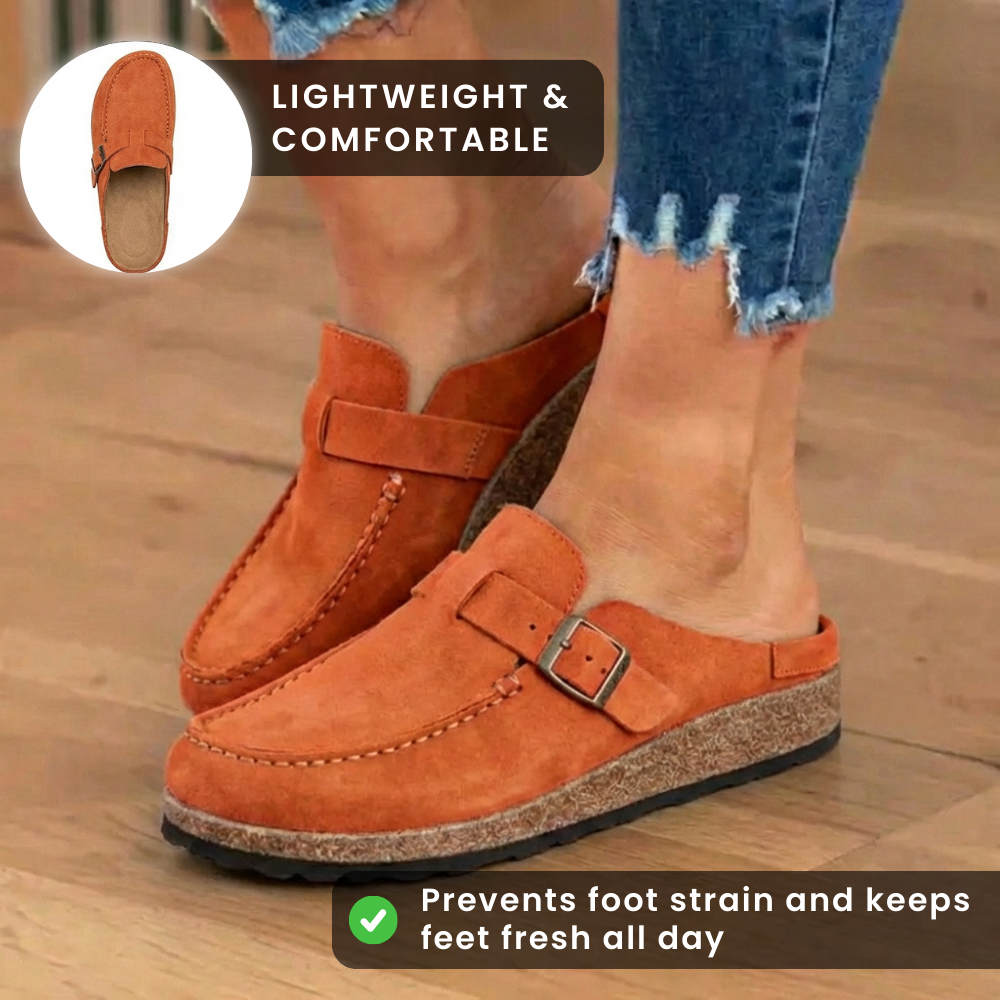 Orthopedic Suede Buckle Mules - Contrast Stitch Detail