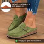 Orthopedic Suede Buckle Mules - Contrast Stitch Detail