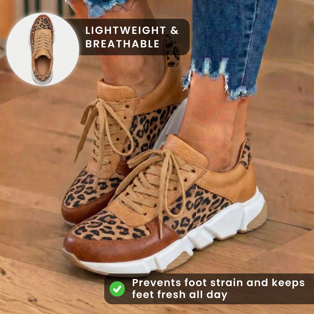 Orthopedic Leather Platform Sneakers - Leopard Print Panels & Lace-Up Closure