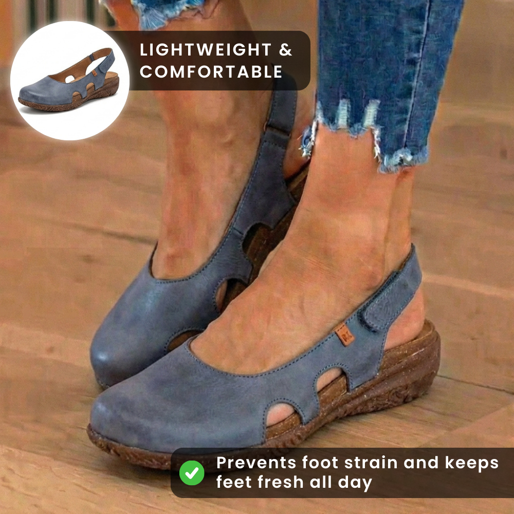 Orthopedic Leather Peep-Toe Flats - Side Cutout Detail