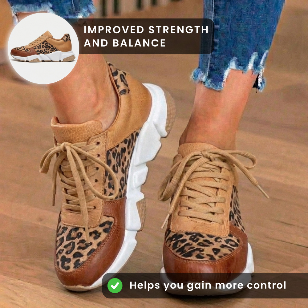 Orthopedic Leather Platform Sneakers - Leopard Print Panels & Lace-Up Closure