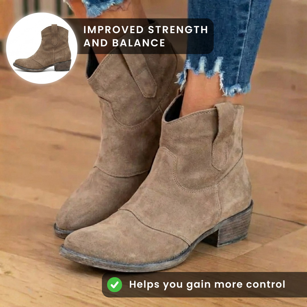 Orthopedic Suede Western Ankle Boots - Low Block Heel Pull-On