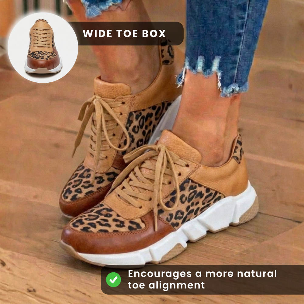 Orthopedic Leather Platform Sneakers - Leopard Print Panels & Lace-Up Closure