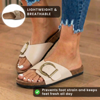 Orthopedic Leather Cork Slide Sandals - Oversized Buckle Detail