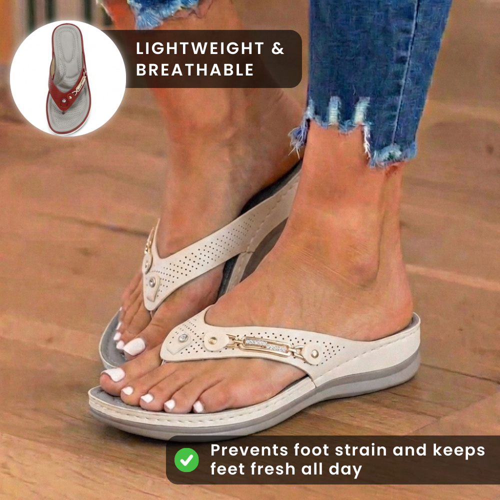 Orthopedic Embellished Wedge Thong Sandals - Rhinestone & Metal Hardware