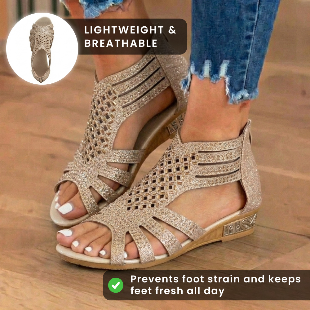 Orthopedic Glitter Gladiator Wedge Sandals - Multi-Strap Geometric Cutout