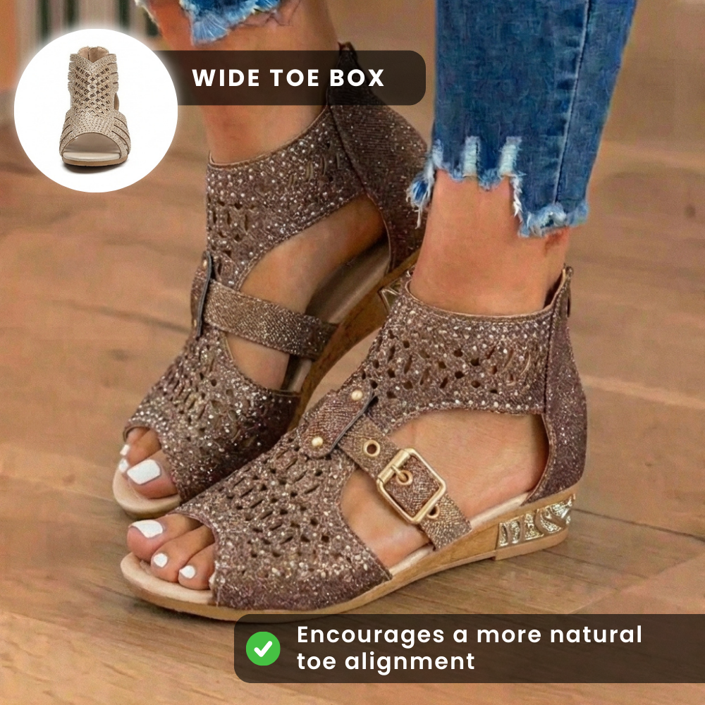 Orthopedic Glitter Gladiator Wedge Sandals - Multi-Strap Geometric Cutout