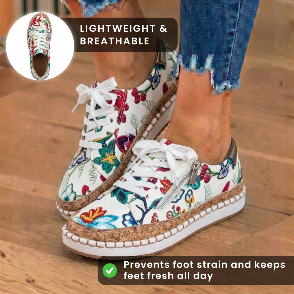 Orthopedic Canvas Espadrille Sneakers - Embroidered Floral Pattern & Cork Trim Detail