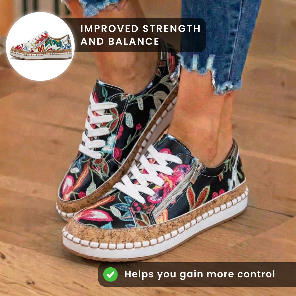 Orthopedic Canvas Espadrille Sneakers - Embroidered Floral Pattern & Cork Trim Detail