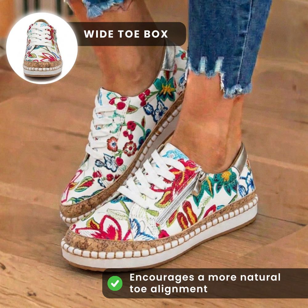 Orthopedic Canvas Espadrille Sneakers - Embroidered Floral Pattern & Cork Trim Detail