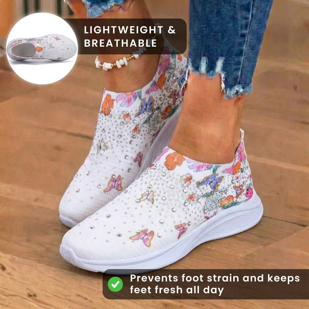 Orthopedic Knit Slip-On Sneakers - Butterfly & Floral Print & Crystal Embellishments