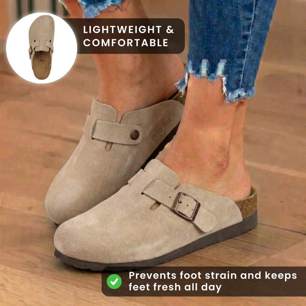 Orthopedic Suede Cork Footbed Clogs - Single Buckle Detail