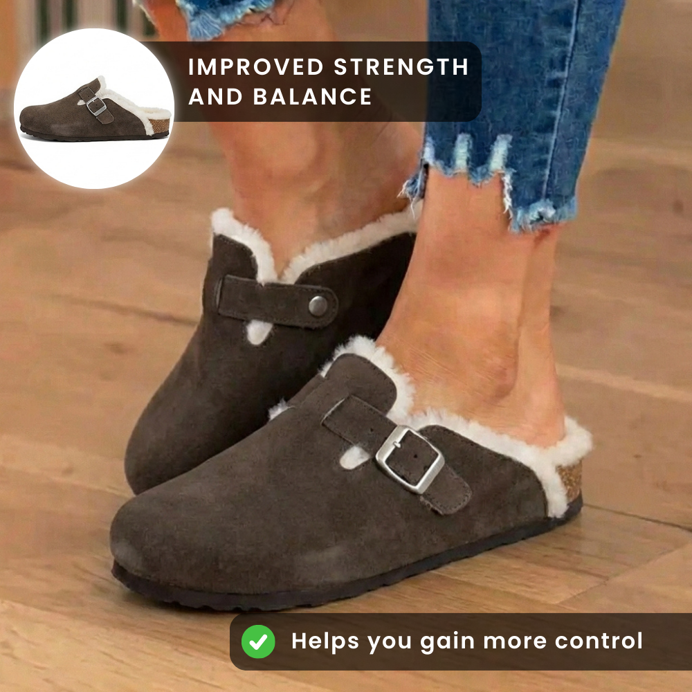 Orthopedic Suede Sherpa-Lined Clogs - Buckle Strap Closure