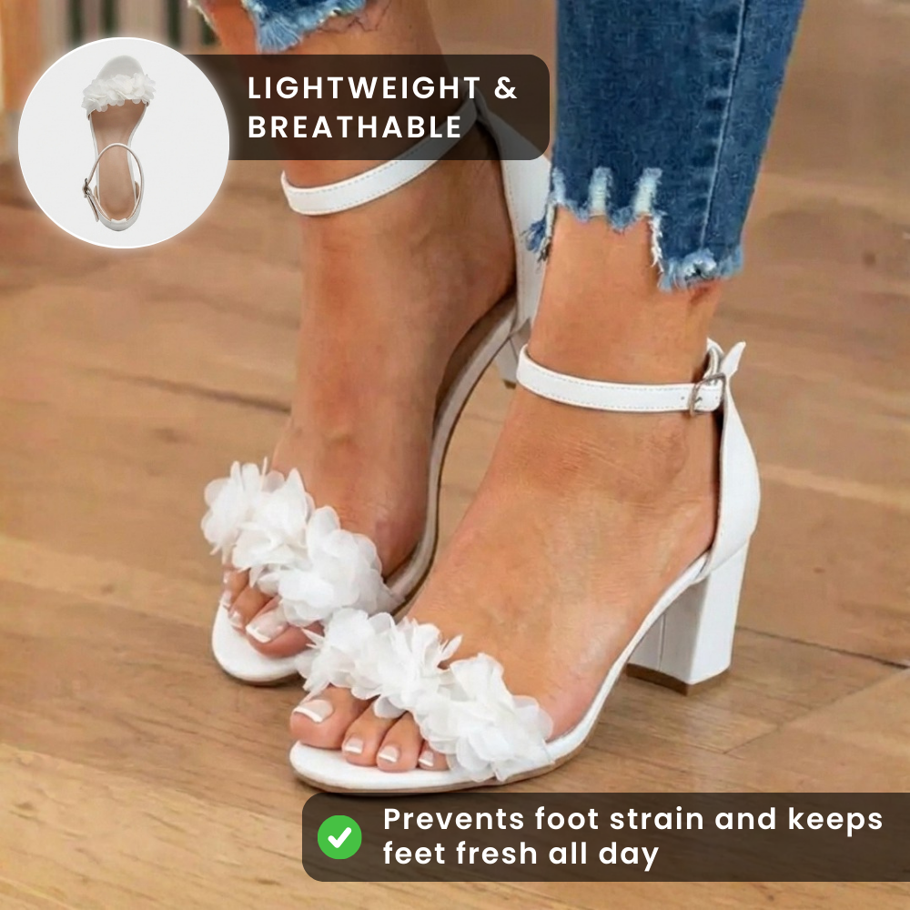 Orthopedic Block Heel Sandals - Floral Appliqué & Ankle Strap