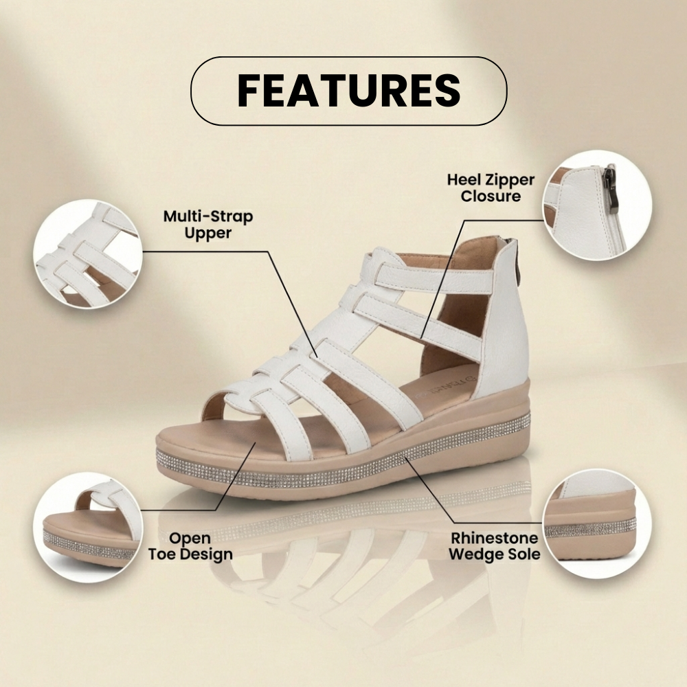 Orthopedic Leather Gladiator Platform Sandals - Crystal Rhinestone Trim