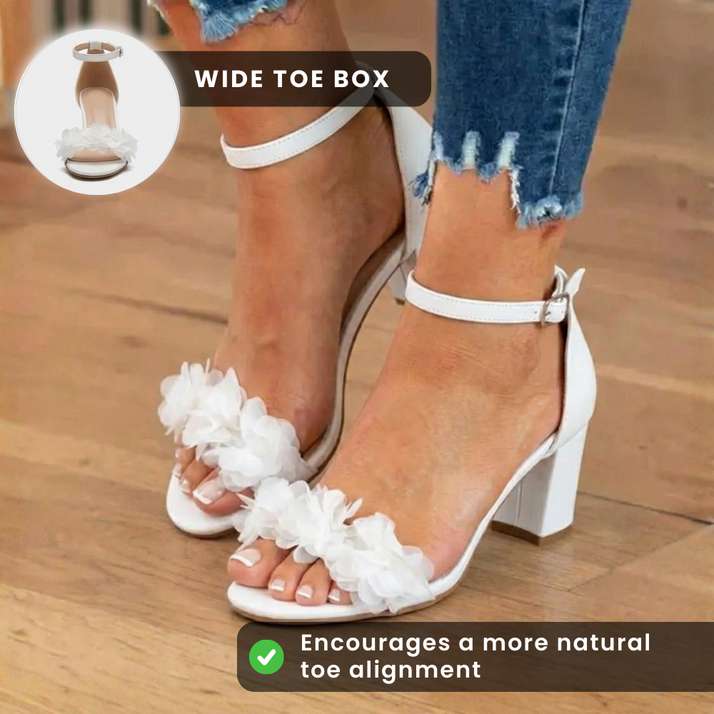 Orthopedic Block Heel Sandals - Floral Appliqué & Ankle Strap