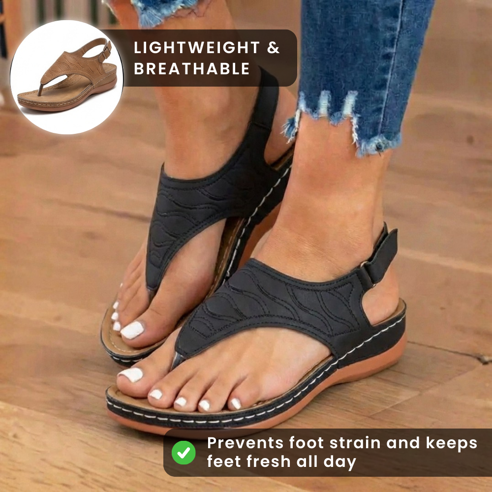Orthopedic Leather T-Strap Sandals - Quilted Pattern & Contrast Stitching