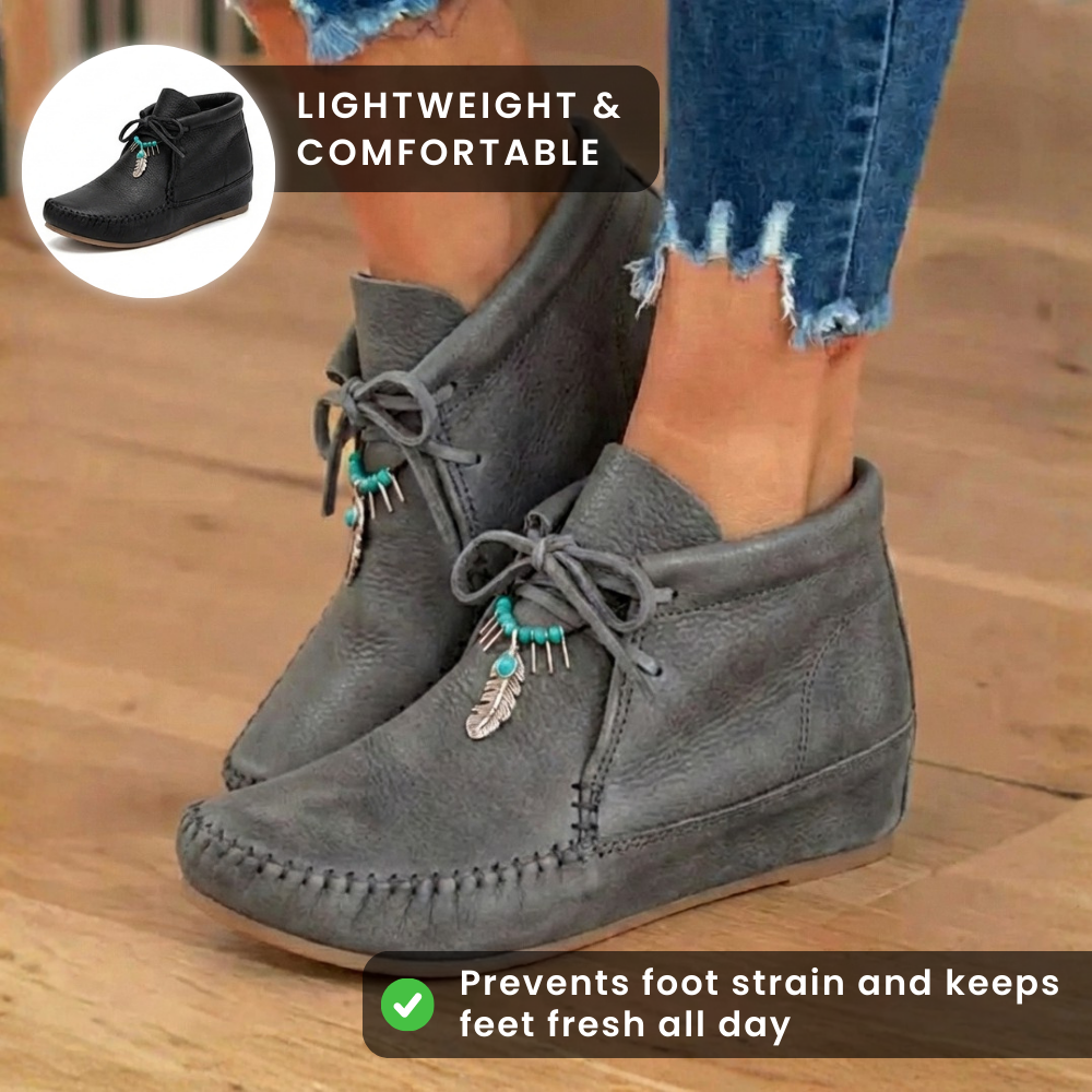 Orthopedic Leather Moccasin Boots - Feather Charm Lace-Up