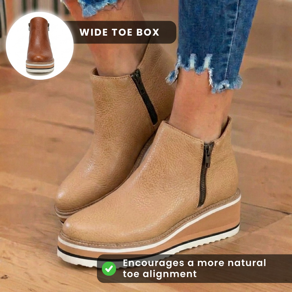 Orthopedic Leather Platform Ankle Boots - Side Zip Wedge
