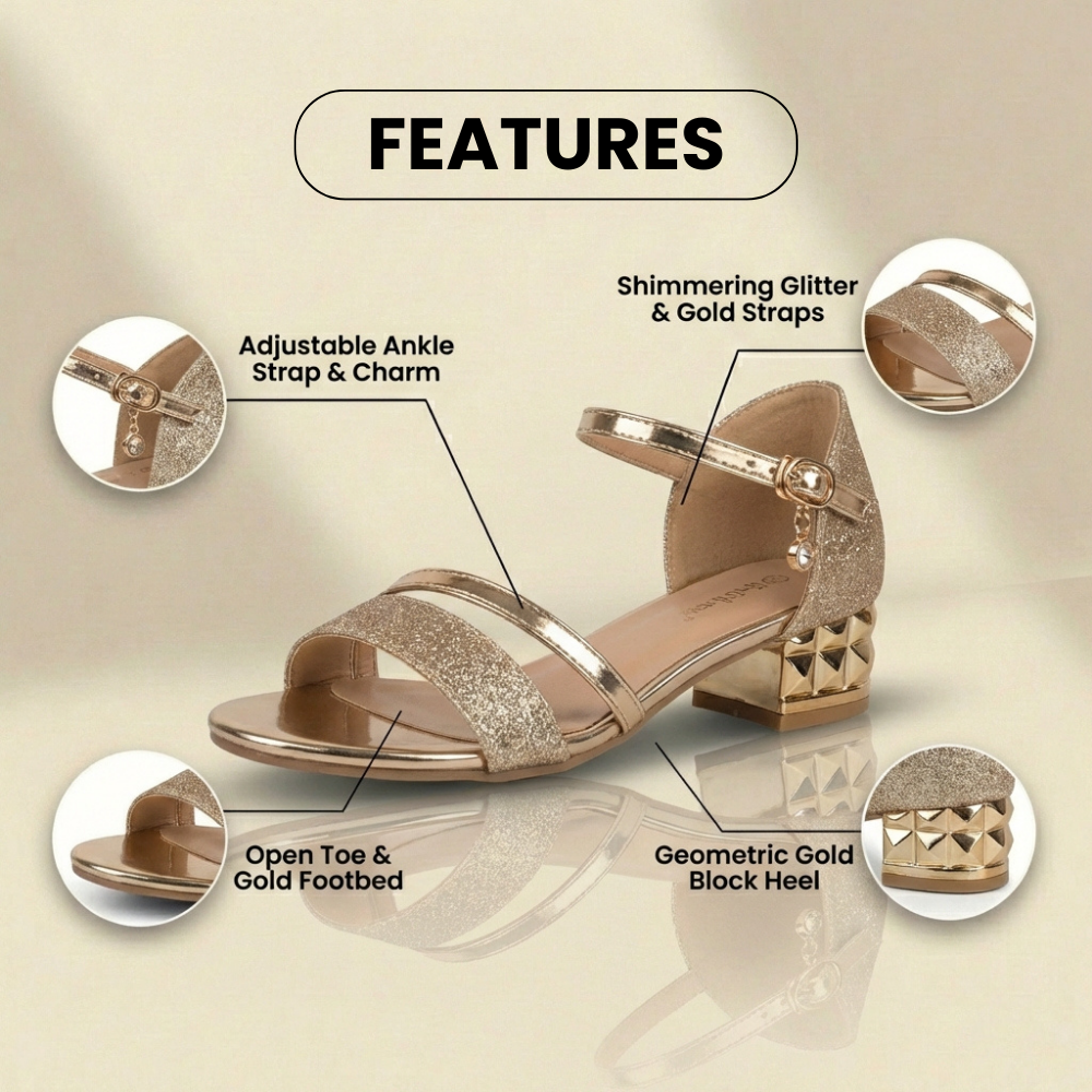 Orthopedic Glitter Ankle Strap Sandals - Metallic Accent & Studded Low Heel