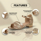Orthopedic Glitter Ankle Strap Sandals - Metallic Accent & Studded Low Heel