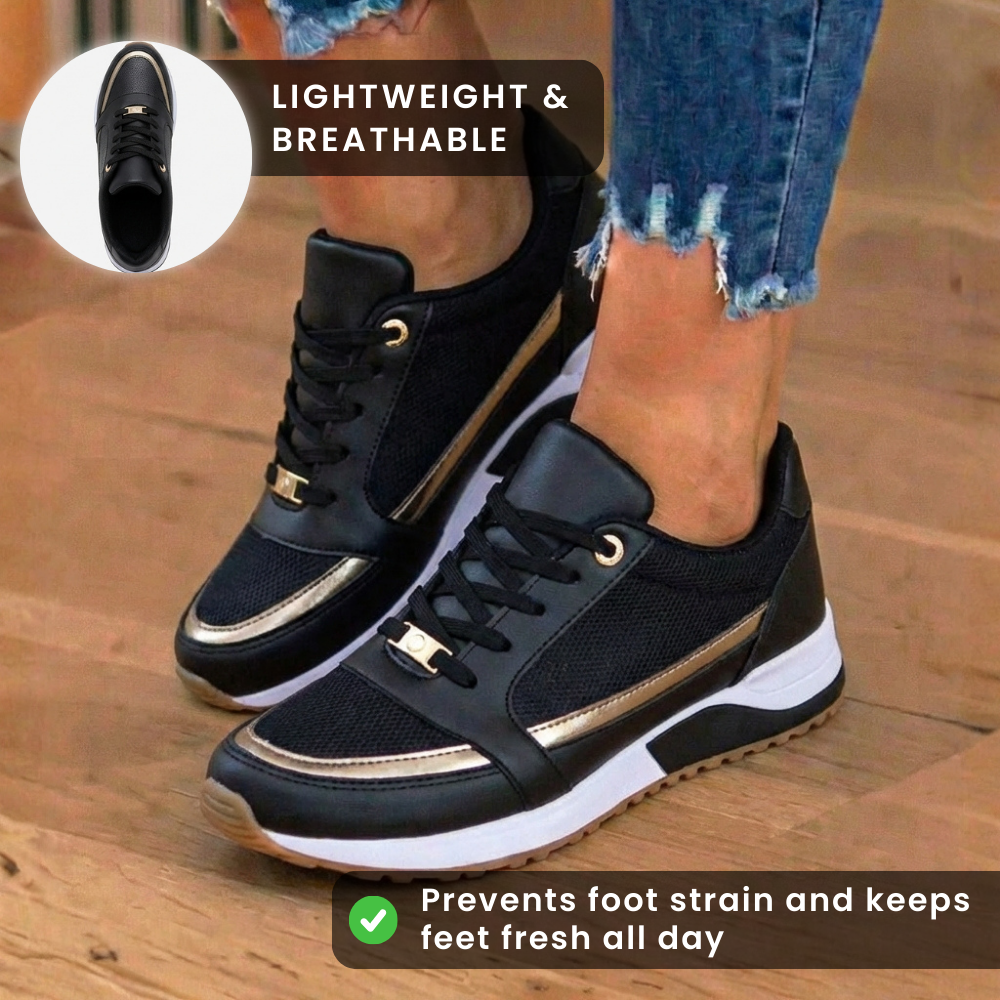 Orthopedic Leather Athletic Sneakers - Metallic Stripe Accent & Perforated Detailing