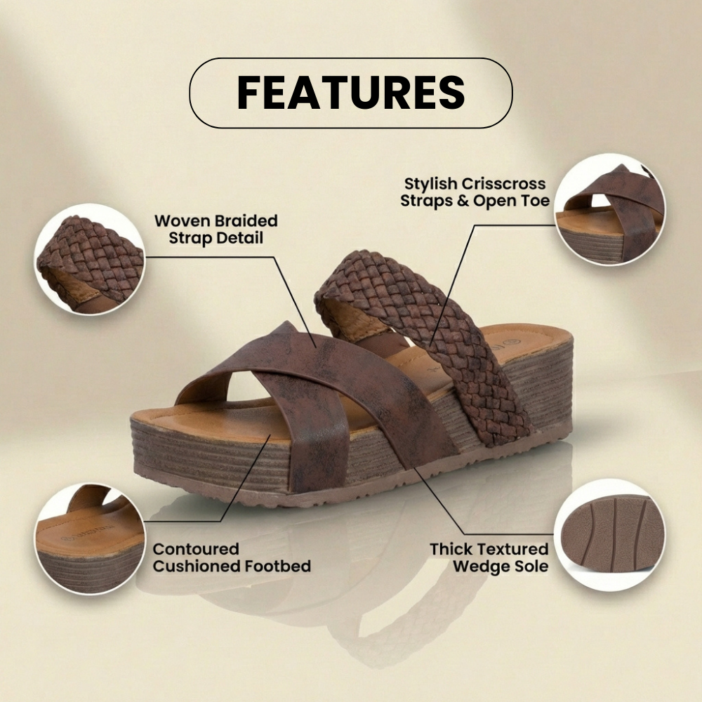 Orthopedic Leather Woven Platform Wedges - Crossover Strap Design
