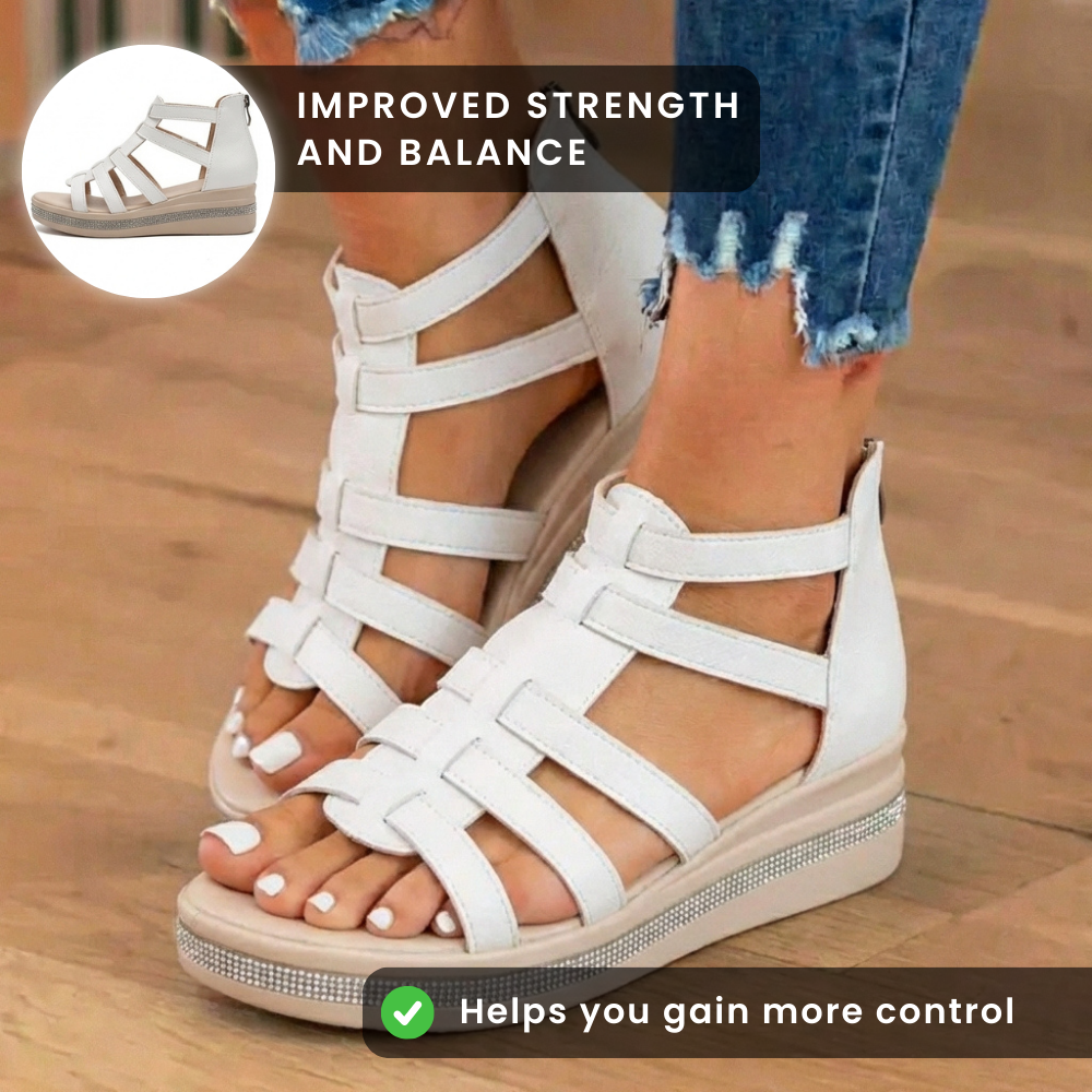 Orthopedic Leather Gladiator Platform Sandals - Crystal Rhinestone Trim