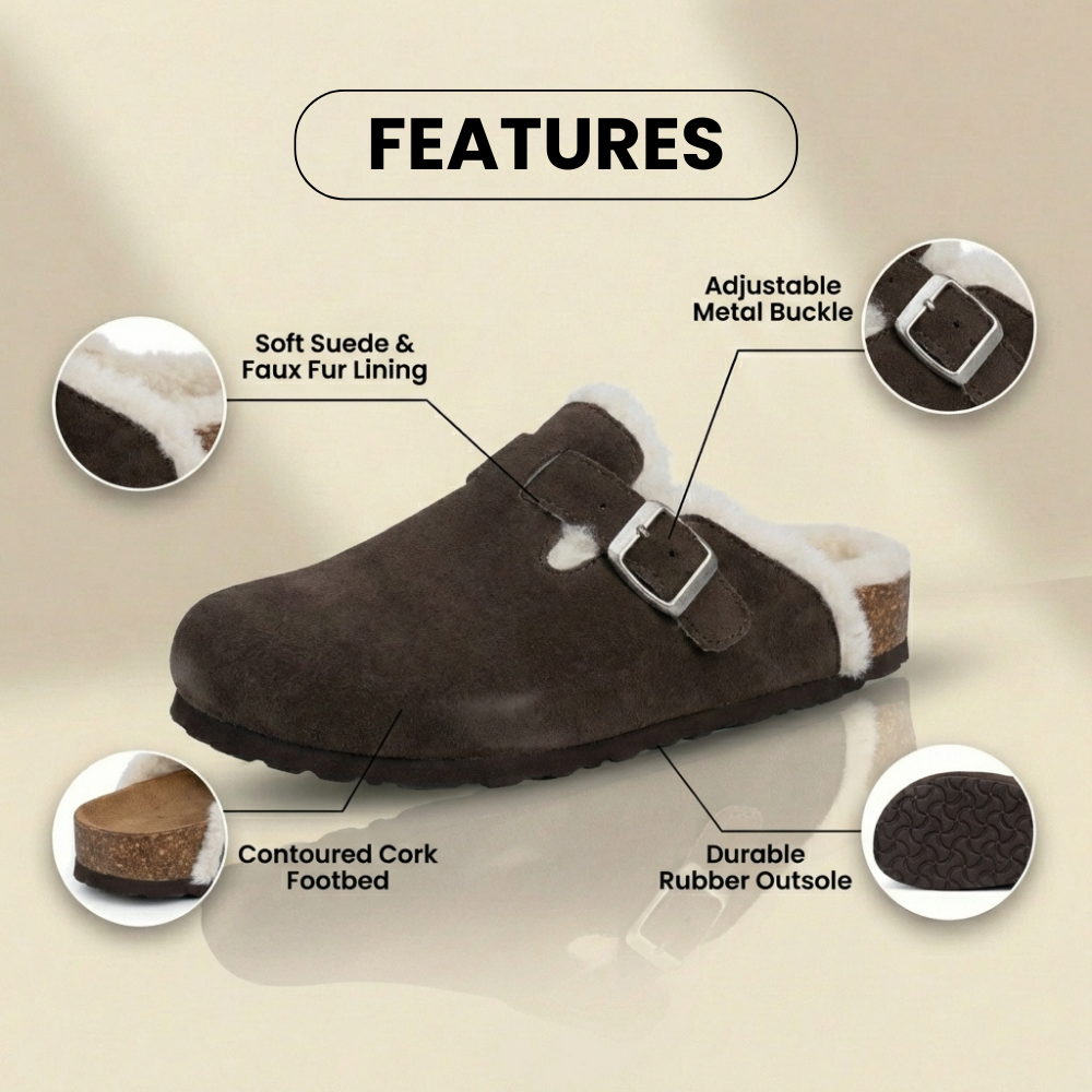 Orthopedic Suede Sherpa-Lined Clogs - Buckle Strap Closure