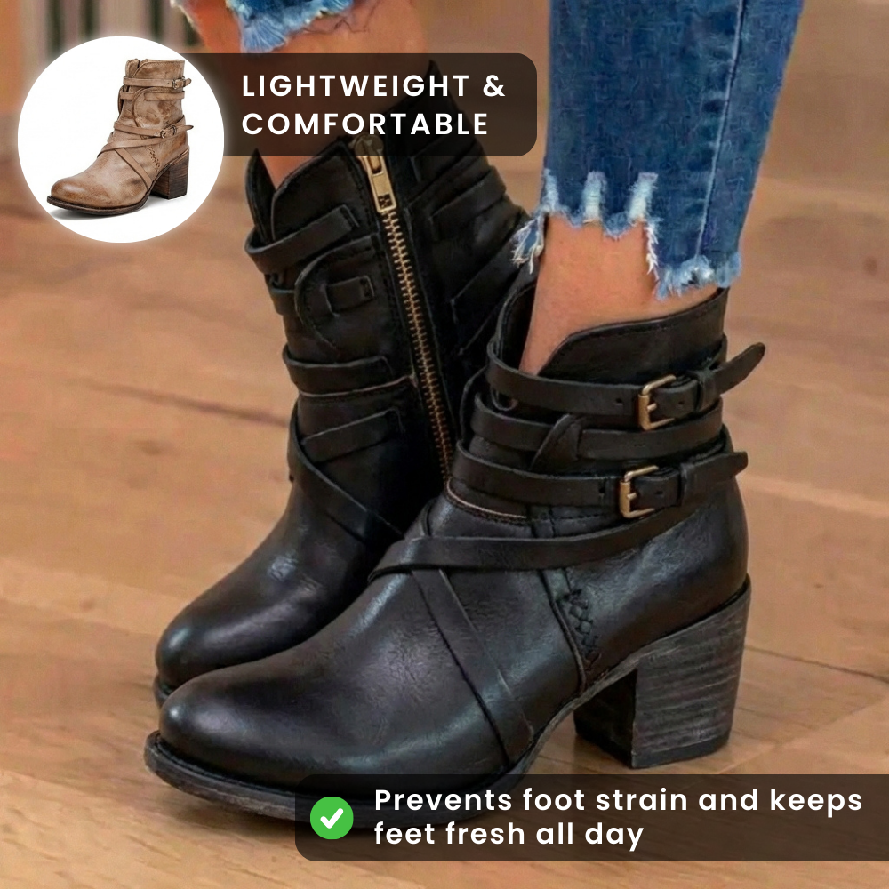 Orthopedic Leather Multi-Strap Ankle Boots - Side Zip Buckle